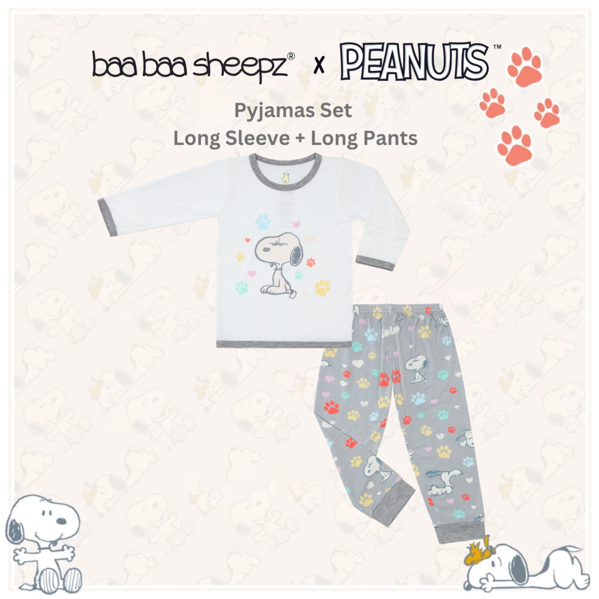 BaaBaaSheepz Pyjamas Set – Peanut Snoopy Shirt Long Sleeve Dreamy Paws S03 White + Pants Long Dreamy Paws S01 Grey