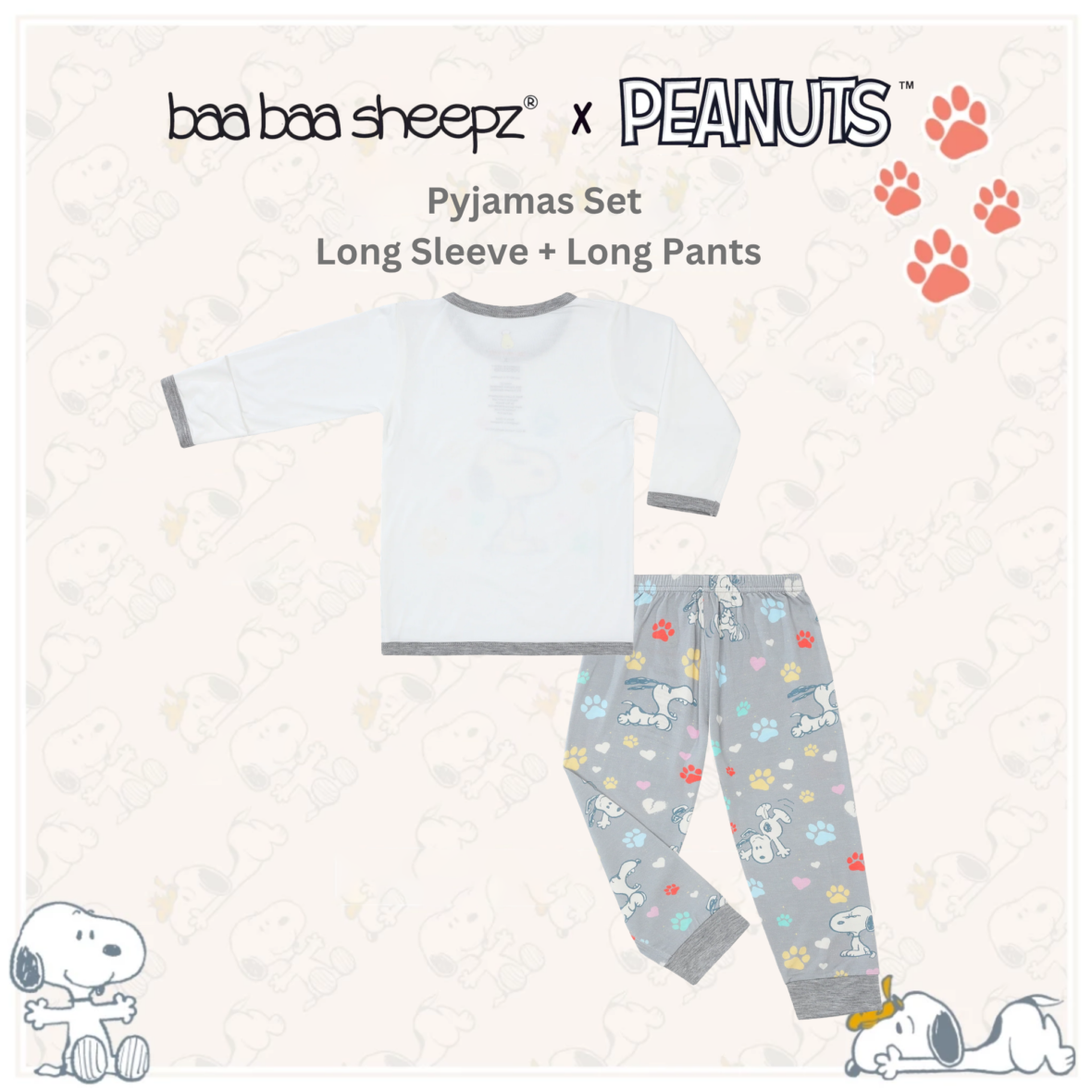 BaaBaaSheepz Pyjamas Set – Peanut Snoopy Shirt Long Sleeve Dreamy Paws S03 White + Pants Long Dreamy Paws S01 Grey_02