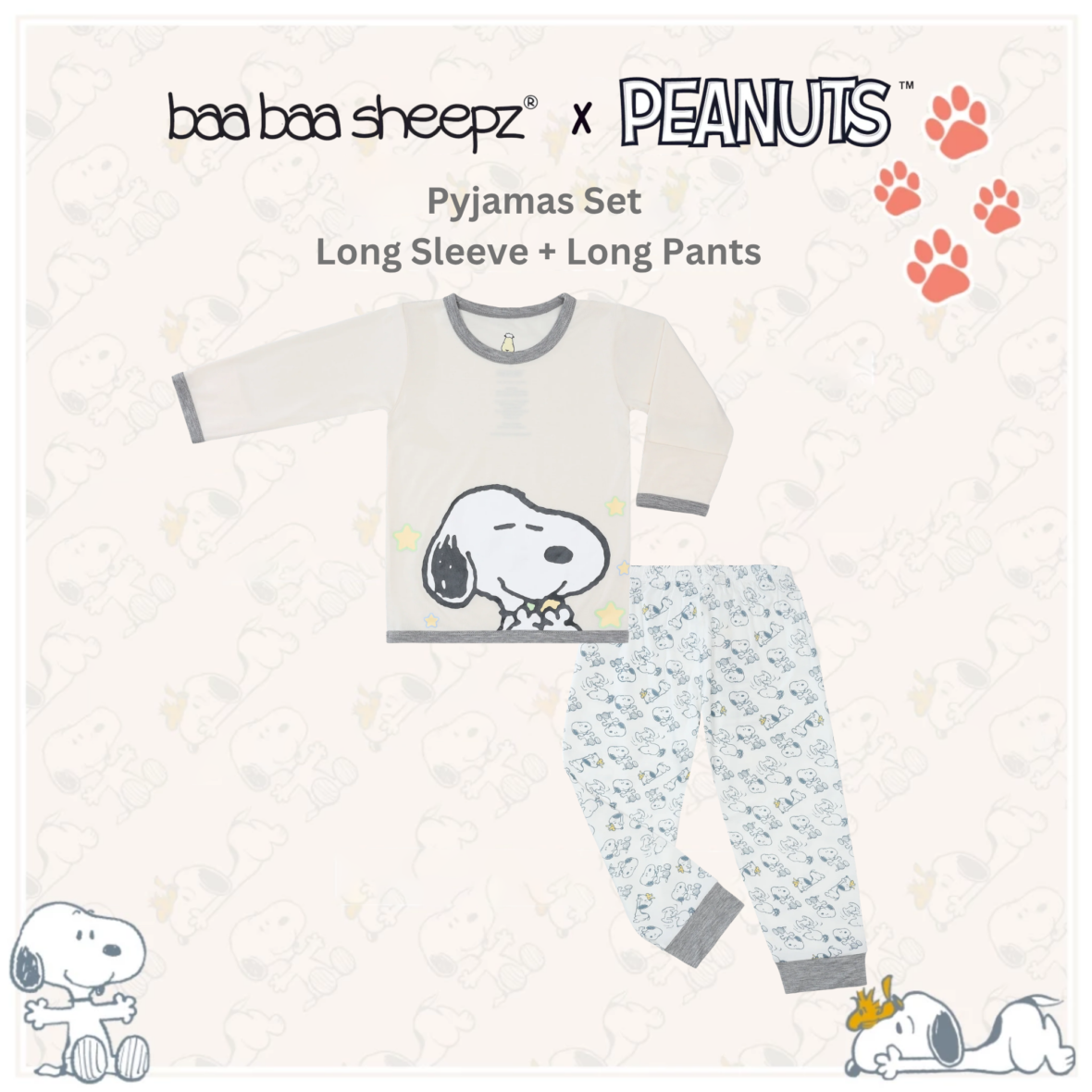 BaaBaaSheepz Pyjamas Set – Peanut Snoopy Shirt Long Sleeve S05 Yellow + Pants Long Dreamland Doodless S02 White