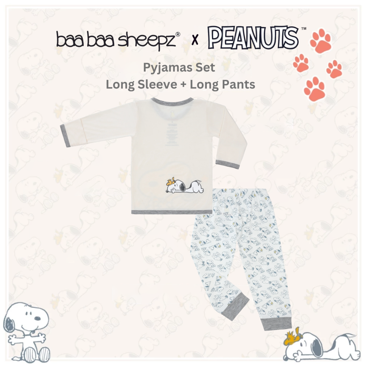 BaaBaaSheepz Pyjamas Set – Peanut Snoopy Shirt Long Sleeve S05 Yellow + Pants Long Dreamland Doodless S02 White_02