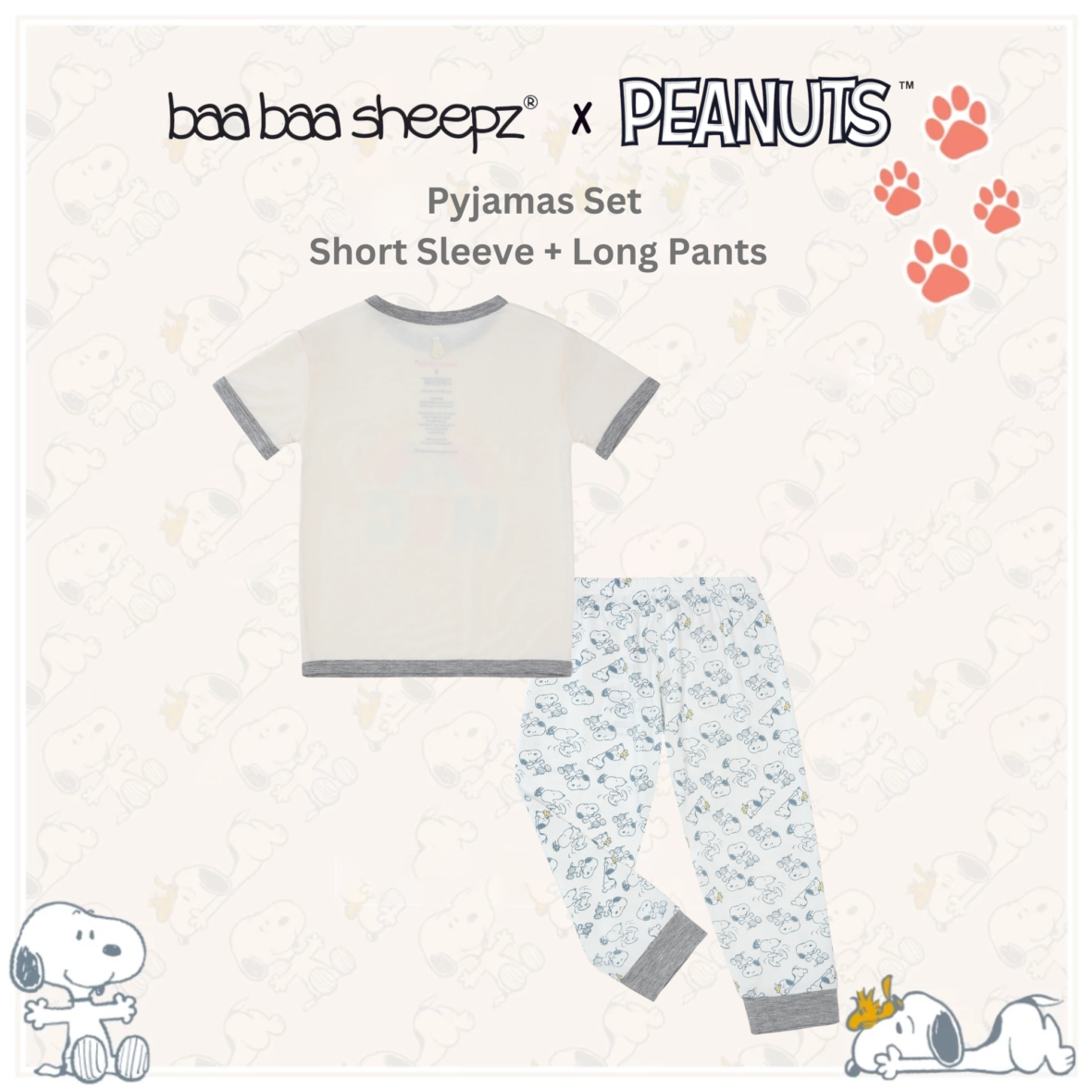 BaaBaaSheepz Pyjamas Set – Peanut Snoopy Shirt Short Sleeve Dreamland Doodles S04 Yellow + Pants Long Dreamland Doodles S01 White_02
