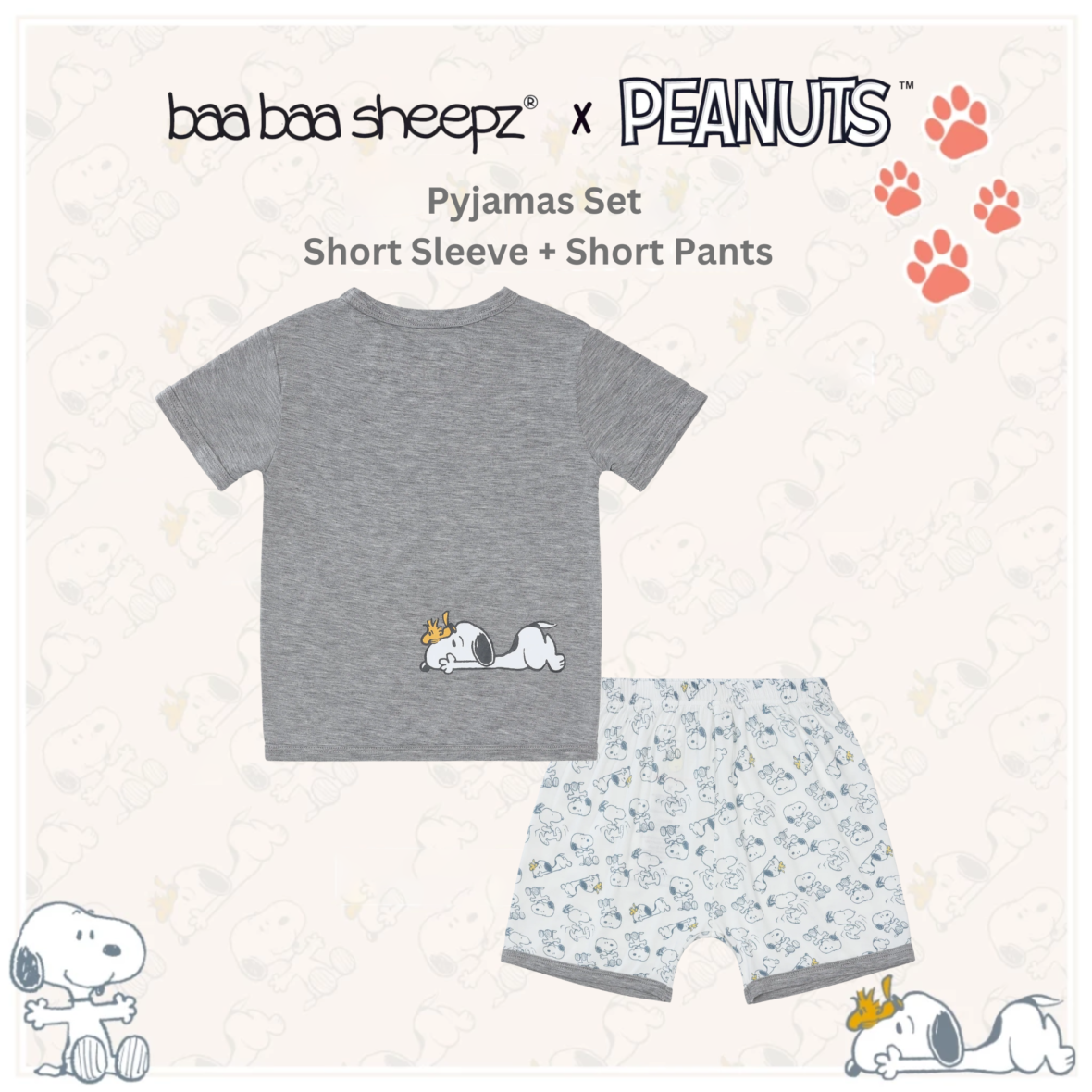 BaaBaaSheepz Pyjamas Set – Peanut Snoopy Shirt Short Sleeve Dreamland Doodles S05 Grey + Pants Shorts Dreamland Doodles S02 White_02
