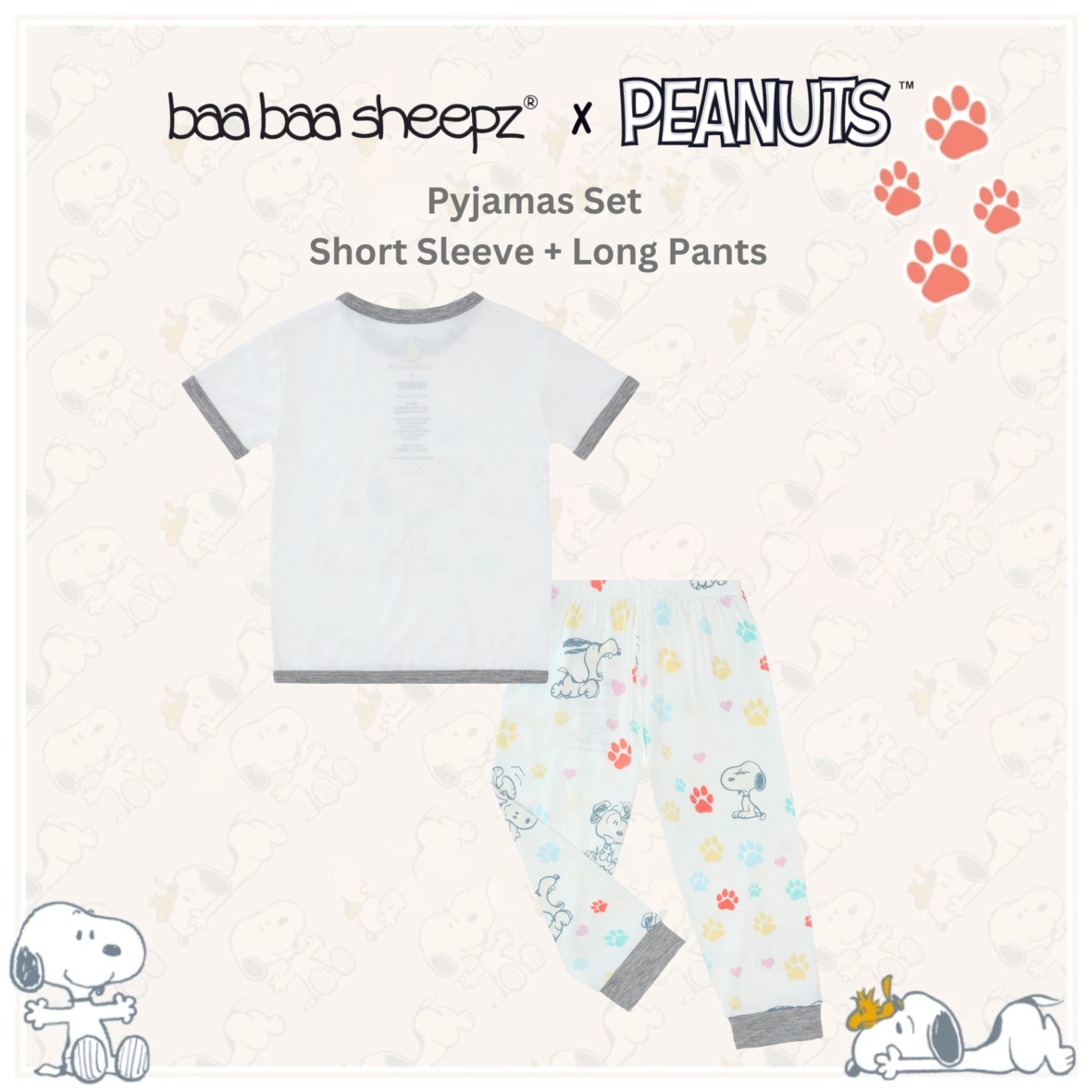 BaaBaaSheepz Pyjamas Set – Peanut Snoopy Shirt Short Sleeve Dreamy Paws S03 White + Pants Long Dreamy Paws S01 White_02