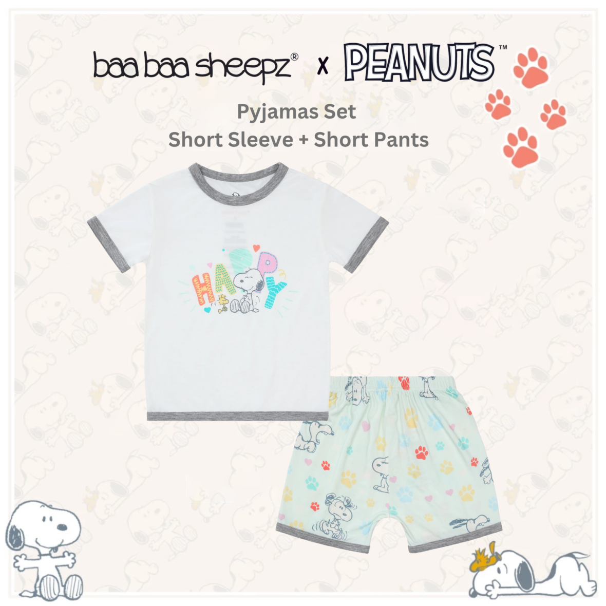 BaaBaaSheepz Pyjamas Set – Peanut Snoopy Shirt Short Sleeve Dreamy Paws S06 White + Pants Shorts Dreamy Paws S01 Green
