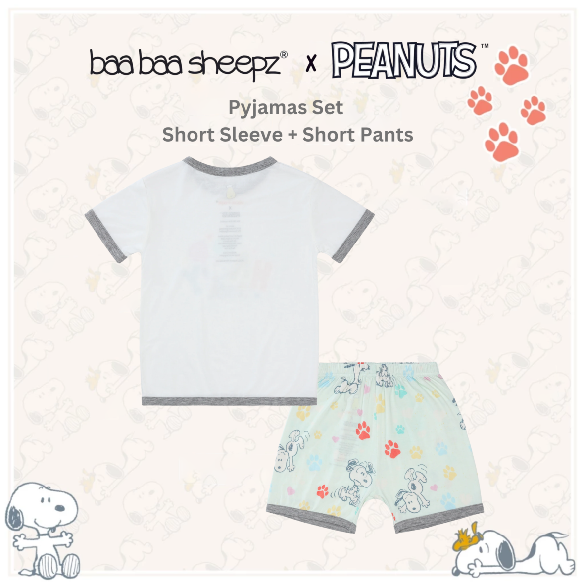 BaaBaaSheepz Pyjamas Set – Peanut Snoopy Shirt Short Sleeve Dreamy Paws S06 White + Pants Shorts Dreamy Paws S01 Green_02