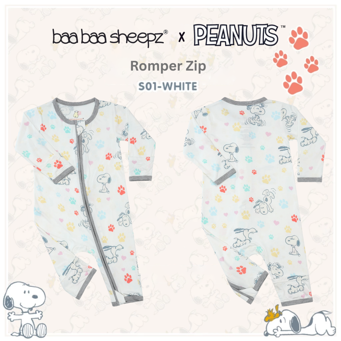 BaaBaaSheepz Romper Zip – Peanut Snoopy Dreamy Paws S01 White