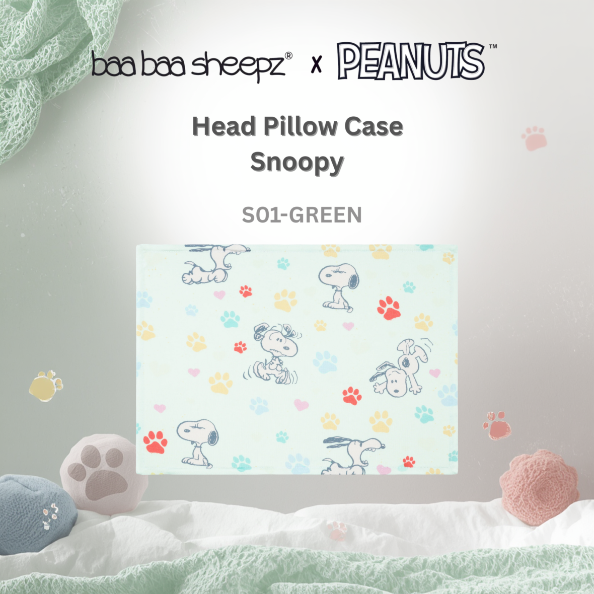 BaaBaaSheepz Head Pillow Case – Peanut Snoopy Dreamy Paws S01 Green