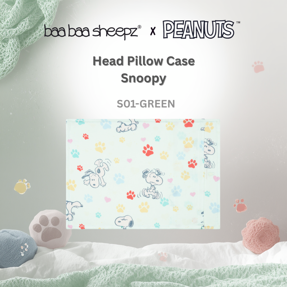 BaaBaaSheepz Head Pillow Case – Peanut Snoopy Dreamy Paws S01 Green_02