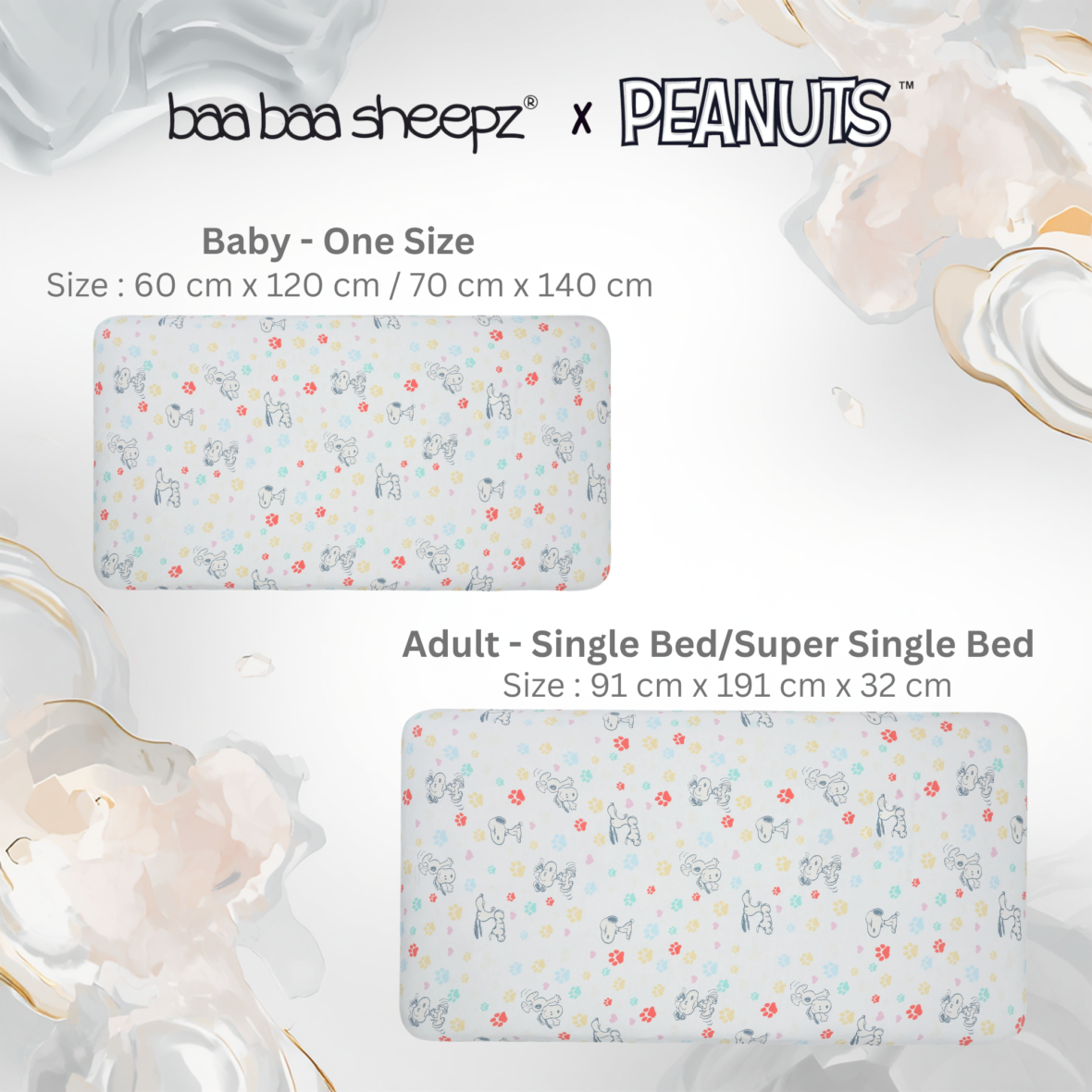 BaaBaaSheepz Mattress Sheet Baby Cot – Peanut Snoopy Dreamy Paws S01 White
