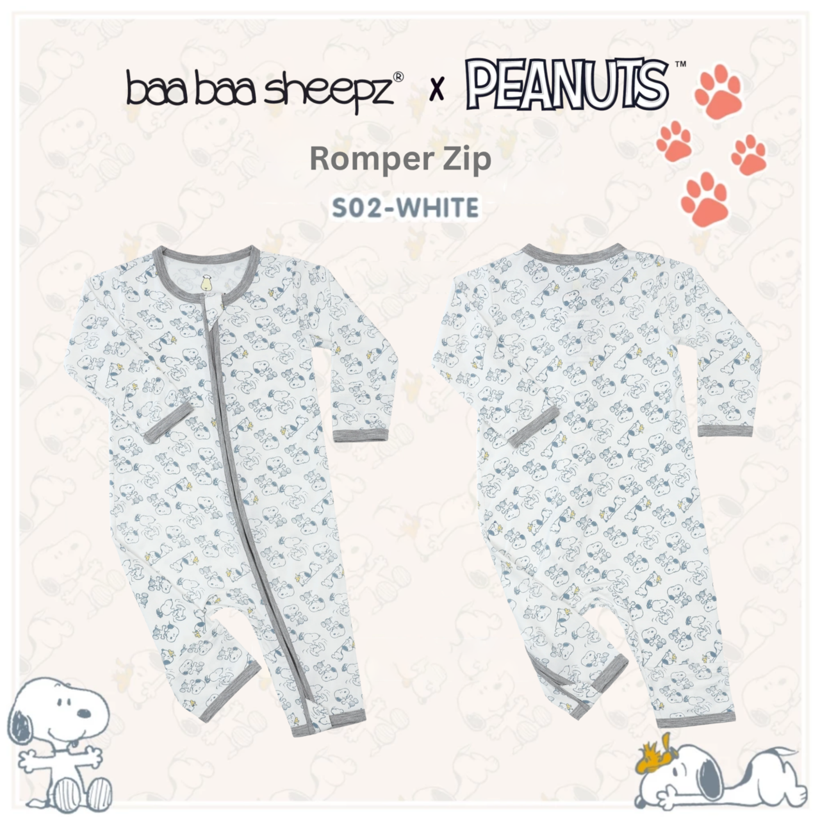 BaaBaaSheepz Romper Zip – Peanut Snoopy Dreamland Doodles S02 White