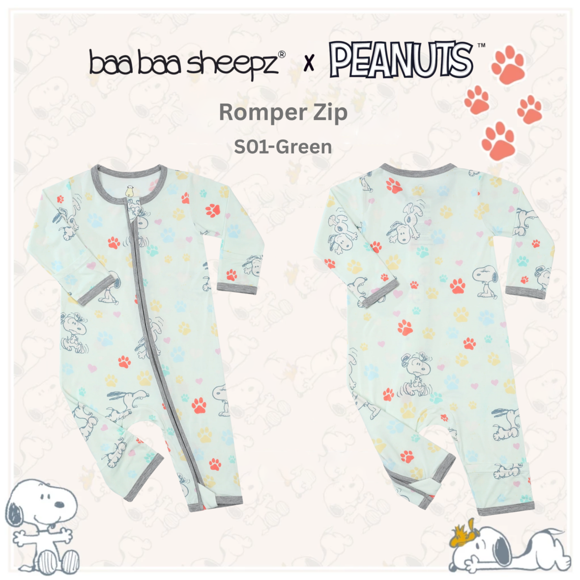 BaaBaaSheepz Romper Zip – Peanut Snoopy Dreamy Paws S01 Green