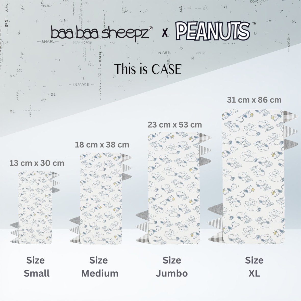 BaaBaaSheepz Bedtime Buddy Pillow Case – Peanut Snoopy Dreamland Doodles S02 White With Polka Dot Checkers Grey Stripe Tag