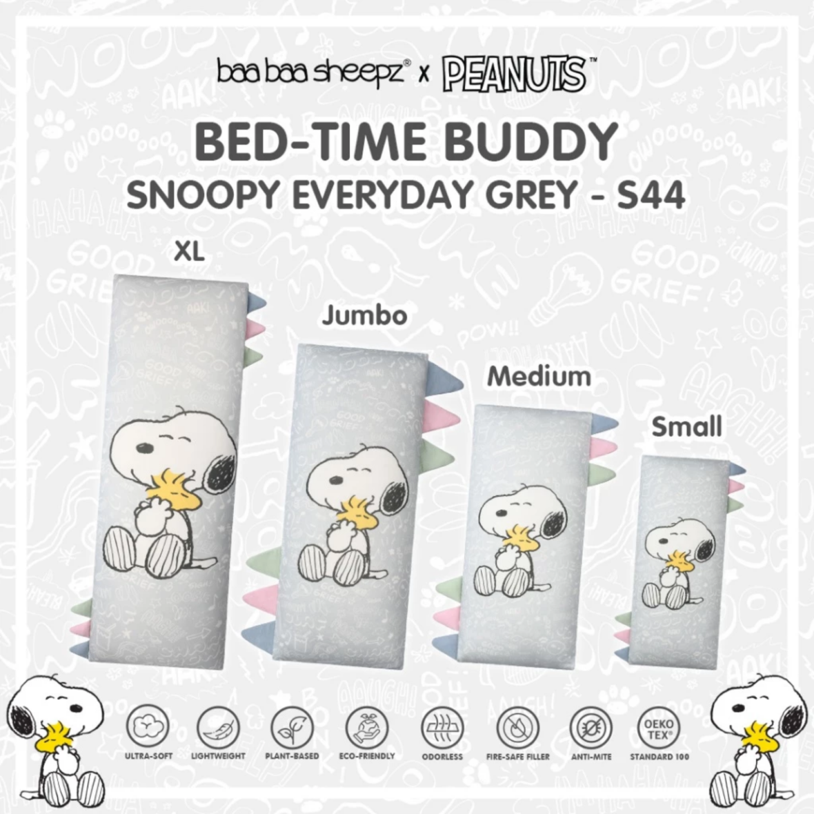 BaaBaaSheepz Bedtime Buddy Pillow – Peanut Snoopy Everyday Grey S44 Grey With Color Tag