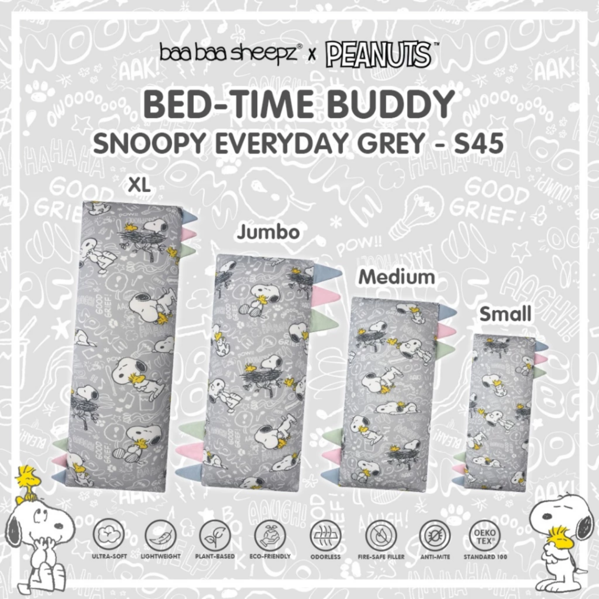 BaaBaaSheepz Bedtime Buddy Pillow – Peanut Snoopy Everyday Grey S45 Grey With Color Tag