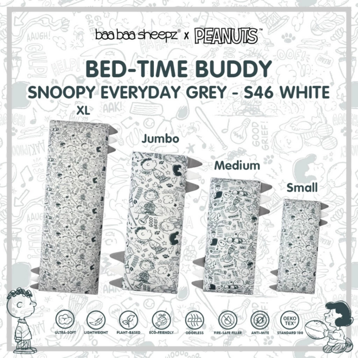 BaaBaaSheepz Bedtime Buddy Pillow – Peanut Snoopy Everyday Grey S46 White With Grey White Tag