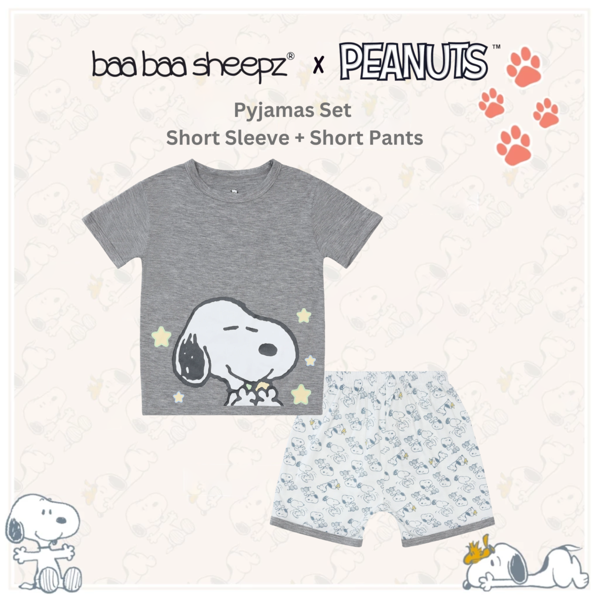 BaaBaaSheepz Pyjamas Set – Peanut Snoopy Shirt Short Sleeve Dreamland Doodles S05 Grey + Pants Shorts Dreamland Doodles S02 White